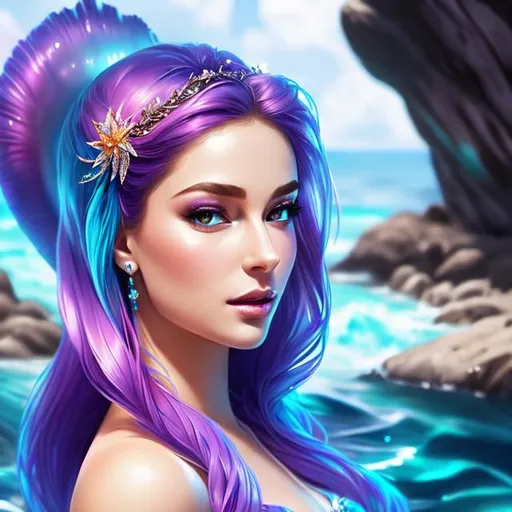 Prompt: a beautiful mermaid with pale skin  , 4k,  facial closeup,aqua and purple color scheme




