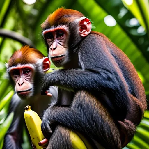 Prompt:  Monkeys in jungle eats red bananas