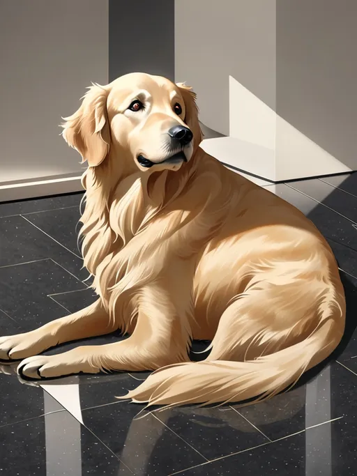 Prompt: A golden retriever lounges comfortably on a sleek, dark granite surface, its warm, sandy coat glistening in the gentle indoor light. With an expression that exudes calm curiosity, the dog gazes over its shoulder, showcasing its expressive eyes and floppy ears that frame its face. The environment features a modern aesthetic, highlighted by clean lines and a minimalist design, with smooth walls and a narrow glass panel filled with small white pebbles beneath the dog's resting position. The scene conveys a sense of tranquility and companionship, capturing a moment of relaxed contentment in an inviting space.