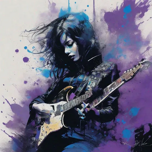 Prompt: calligraphy smoke inking, dripping black, purple and blue paint, Portrait of an gothic and beautiful girl playing an electric guitar art by Jean giraud, Conrad Roset, Enki Bilal, Chris Bachalo, Benedick Bana, William burroughs, Intricate, tattered rags, artgerm, peter mohrbacher, Shozo Shimamoto, kevin oneill, frazetta, beksinski frank miller lee bermejo Marc Simonetti egon schiele Joaquín Sorolla Simon Stalenhagmat brown Matti Suuronen Jeffrey Larson druillet Tom Thomson Ross Tran James Turrell Van Gogh Rembrandt Louis Wain