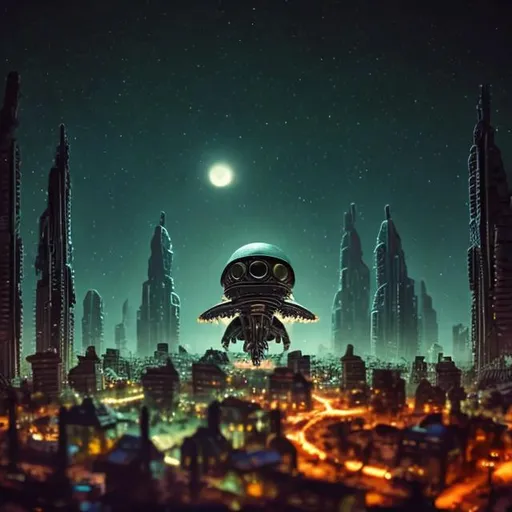Prompt: tiny wooden space ship and aliens invasion of city at night