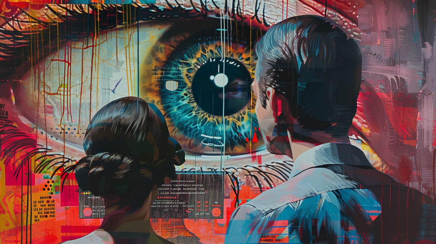 Prompt: a man and woman are staring at a tv screen with an eyeball in the background of the image, Edwin Georgi, pop surrealism, tristan eaton, a pop art painting