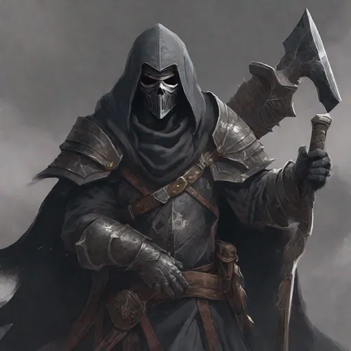 Prompt: Tall, grey zombie male, with face completely covered with dark robed heavy armor with a dark mask that covers everything but his eyes modeled after a  barbarian warlock using a very large axe based on dungeons and dragons fifth editon