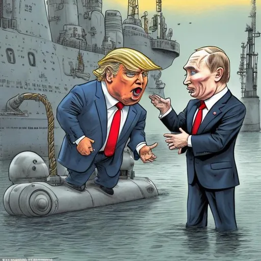 Prompt: Putin-Cartoon: Cute, "raging Trump-toddler" whispering into the ear of a "Russian spy"  in front of a nuclear submarine in drydock, stars and stripes, dark-blue suit, too long red tie to the floor, u-boat scene, muted gloomy colored, Sergio Aragonés MAD Magazine cartoon style