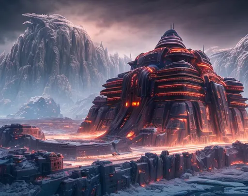 Prompt: Gigantic futuristic fortress in the middle of a mountainous icy landscape, 8k,  cinematic, shadowy, snowy, wide shot.