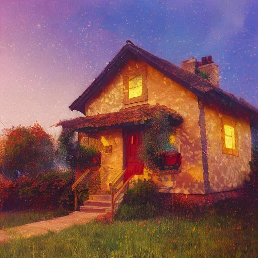 Prompt: Professional painting of a house in a cozy village, fantasy, vivid, colorful, 8k, highly detailed