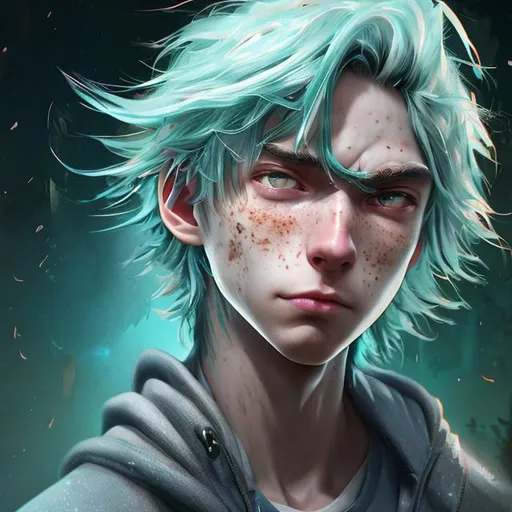 Prompt: 6’1, boy, 18, green hair with white streaks, medium length hair, middle part haircut, gray eyes, freckles, black hoodie, blue jeans, digital painting,  digital illustration,  extreme detail,  digital art,  4k,  ultra hd, anime character,  detailed,  vibrant,  anime face,  sharp focus,  character design,  wlop,  artgerm,  kuvshinov,  character design,  unreal engine