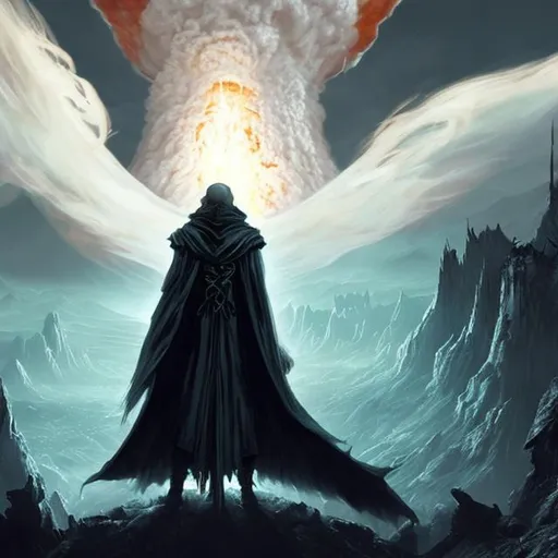Prompt: a white hair man in the cloak, witness a nuclear explosion in the fantasy world in the darkness.
