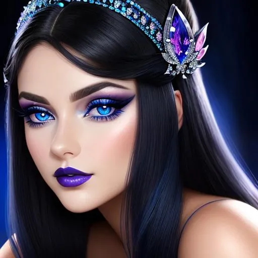 Prompt: a Sapphire lady, feminine elegant princess ,  dark hair, large blue eyes, wearing jewls in her hair,  beautiful makeup, blue eyeshadow, dark pink lipstick, facial closeup