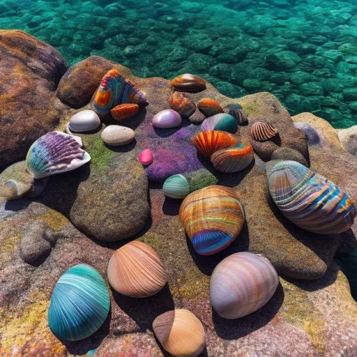 Prompt: mermaids sitting on rainbow rocks on land, shiny shells and ocean water with sea life animals underneath like dolphins, starfish, sea turtles, fish, psychedelic style