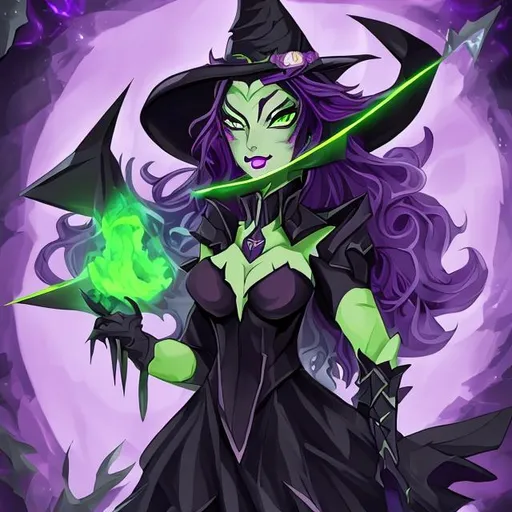 Prompt: Beautiful and black witch with green dress and purple eyes with purple hair and pointy hat