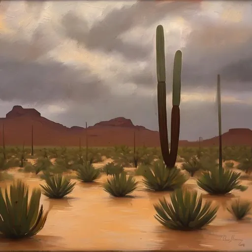 Prompt: Rainy afternoon on a desert oasis in oil