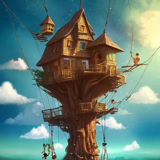 Prompt: Tree house in the sky. With kids hanging from swings in the clouds. 
