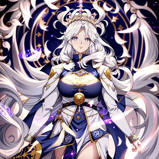 Prompt: Nordic divine woman, anime, ethereal, flowing robe, long flowing hair, mystical, divine aura, intricate crown, detailed eyes, highres, detailed, anime style, cool tones, atmospheric lighting