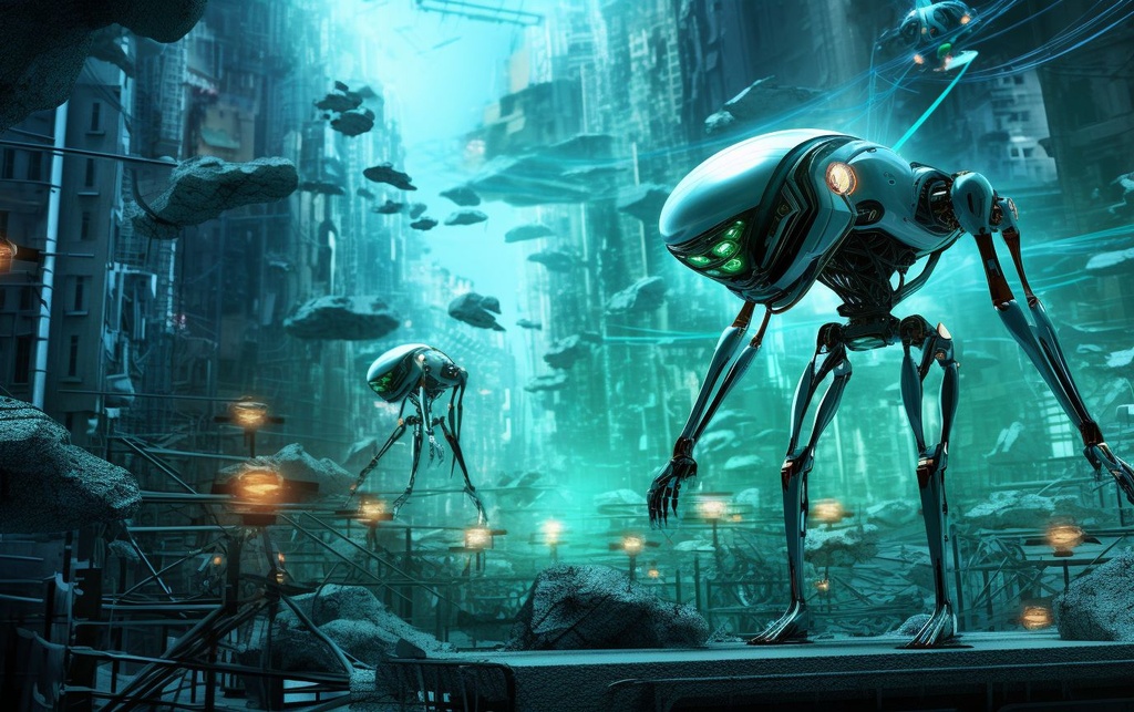 Prompt: the world of robotics in india, in the style of futuristic digital art, teal and silver, alien worlds, urban energy, daz3d, historical illustration, blink-and-you-miss-it detail