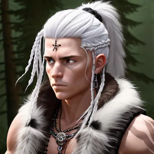 Prompt: portrait of a (young handsome tribal sorcerer in a sleeveless fur jacket, with arcane tattos and a undercut black viking braid) , forest hut background, D&D setting, detailed face, smooth, perfect composition, hyperrealistic, super detailed, 8k, high quality, trending art, trending on artstation, sharp focus, studio photo, intricate details, highly detailed, by matte digital illustration, by koyorin, donato giancola, pixiv