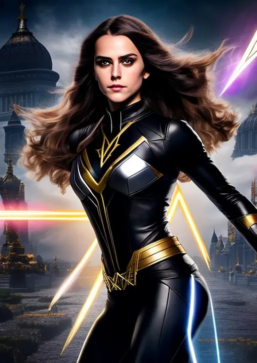 Prompt: High-resolution hyperrealistic photo of x-man shadowcat kate pryde merged with x-man magik ilyana rasputin, black and silver and gold costume, uhd, hdr, 64k