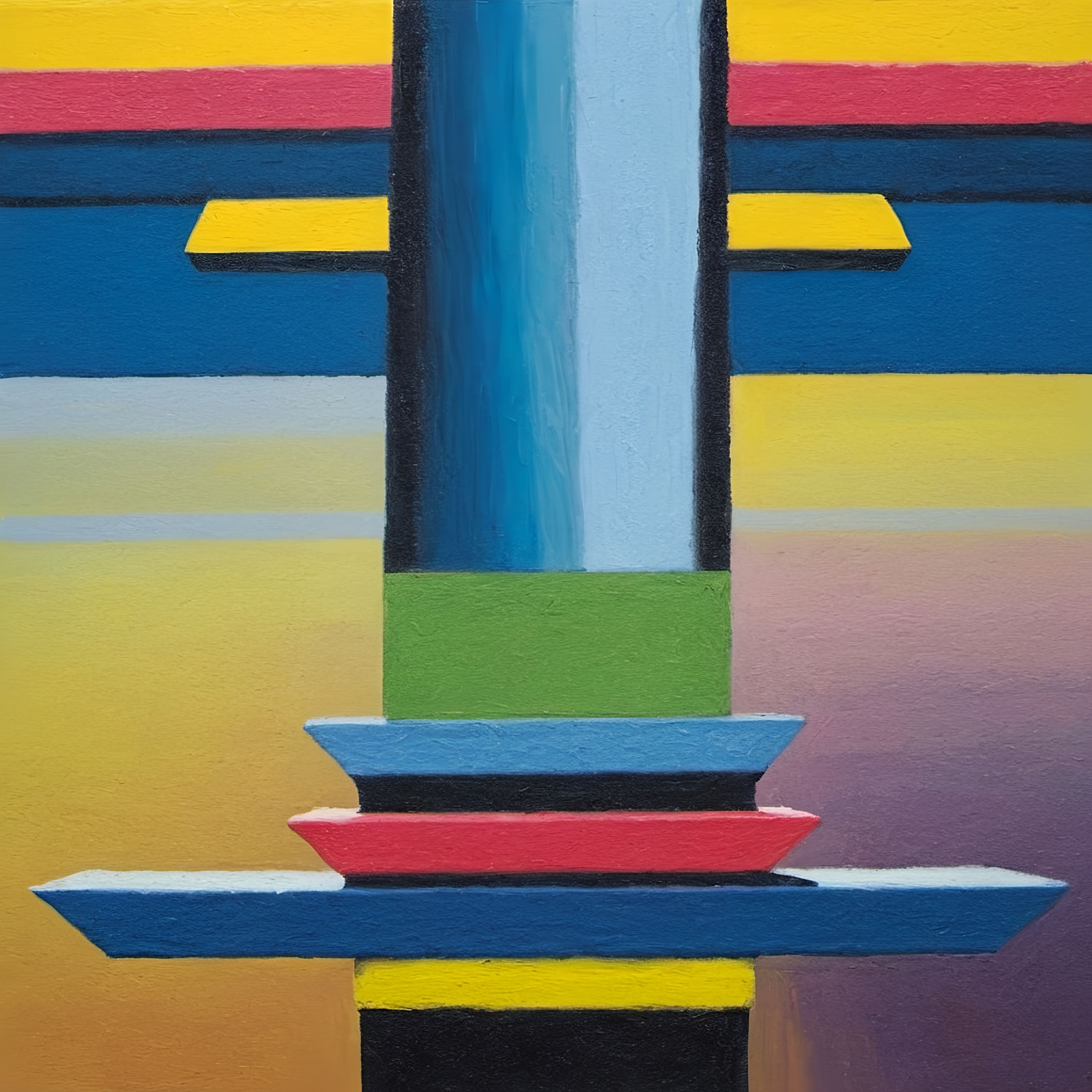 Prompt: a painting of a blue, yellow, red, and green column with a blue sky in the background