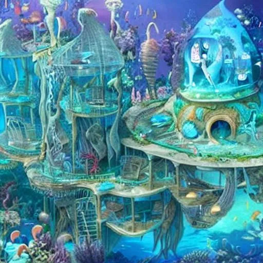 Prompt: An underwater city where humans and mermaids live together in harmony