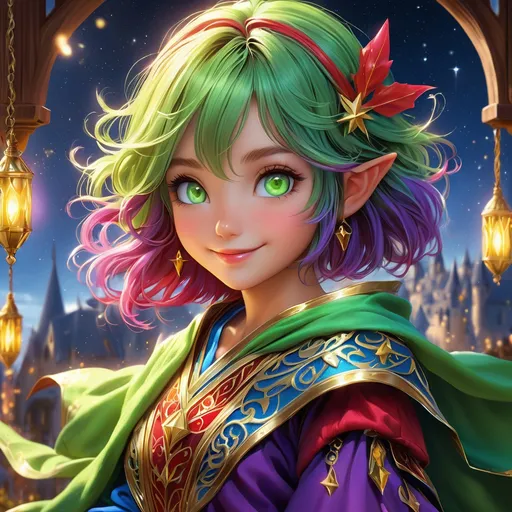 Prompt: Full body, oil painting, D&D fantasy, tanned-skinned-gnome girl, tanned-skinned-female, ((tiny short petite body)), ((beautiful detailed face and glowing anime green eyes)), very cute, smiling, short bright purple hair, long pixie cut, pointed ears, looking at the viewer, Wizard wearing intricate red and blue wizard robes, intricate hyper detailed hair, intricate hyper detailed eyelashes, intricate hyper detailed shining pupils #3238, UHD, hd , 8k eyes, detailed face, big anime dreamy eyes, 8k eyes, intricate details, insanely detailed, masterpiece, cinematic lighting, 8k, complementary colors, golden ratio, octane render, volumetric lighting, unreal 5, artwork, concept art, cover, top model, light on hair colorful glamourous hyperdetailed medieval tavern background, intricate hyperdetailed breathtaking colorful glamorous scenic view landscape, ultra-fine details, hyper-focused, deep colors, dramatic lighting, ambient lighting god rays | by sakimi chan, artgerm, wlop, pixiv, tumblr, instagram, deviantart
