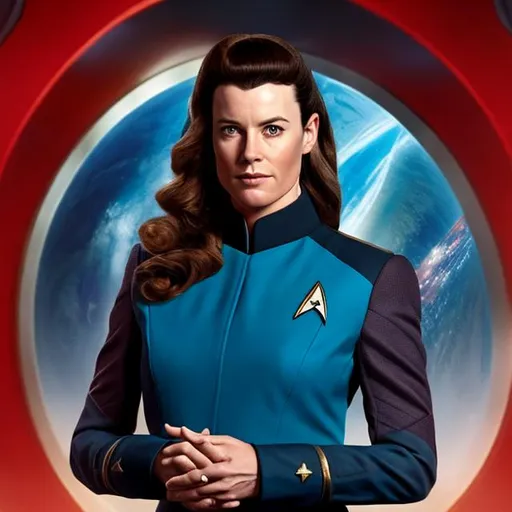 Prompt: A portrait of Catherine Coleman, wearing a Starfleet uniform, in the style of "Star Trek the Next Generation."
