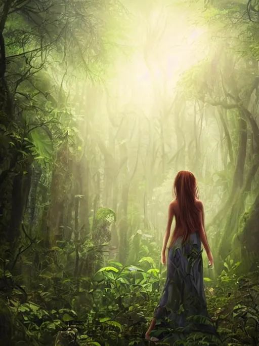Prompt: Please draw a beautiful girl standing in the midst of a lush, ancient forest with a mysterious and magical atmosphere. The image should be in the form of a cartoon