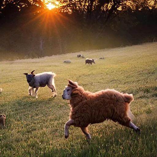 Prompt: shepherd dog chasing sheep in a meadow during sunset photo realistic