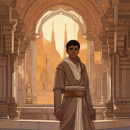 Prompt: A Indian jedi young man. He wears jedi robes, in background an ancient light side jedi temple. Rpg art. Star wars art. 2d art. 2d. Well draw face. Detailed. 