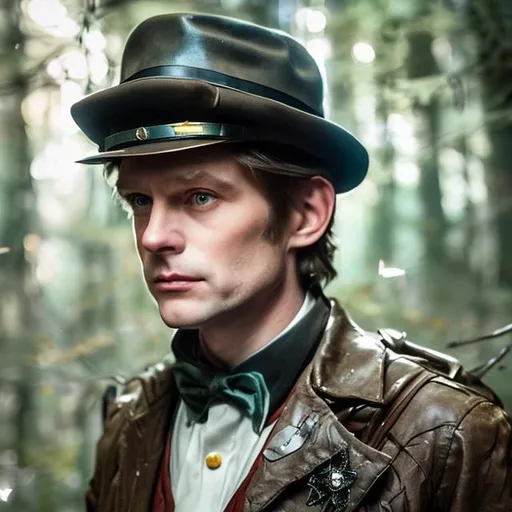 Prompt: It's a gentleman in the forrest, clear brown hair, blue eyes, attractive, in a black leather suit, which seemed sewn with fragments of night skies. His jacket was adorned with stars, and his hat was a constellation in itself. A medal gleamed on his
chest from him, while a golden chain slipped from his pocket, 
cotton White shirt. character realism like actor henry cavill