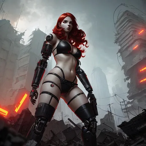 Prompt: female cyborg in ruins, post-apocalyptic, Ilya Kuvshinov, red hair, long curly hair, grey eyes, black leather bikini, curvy, 