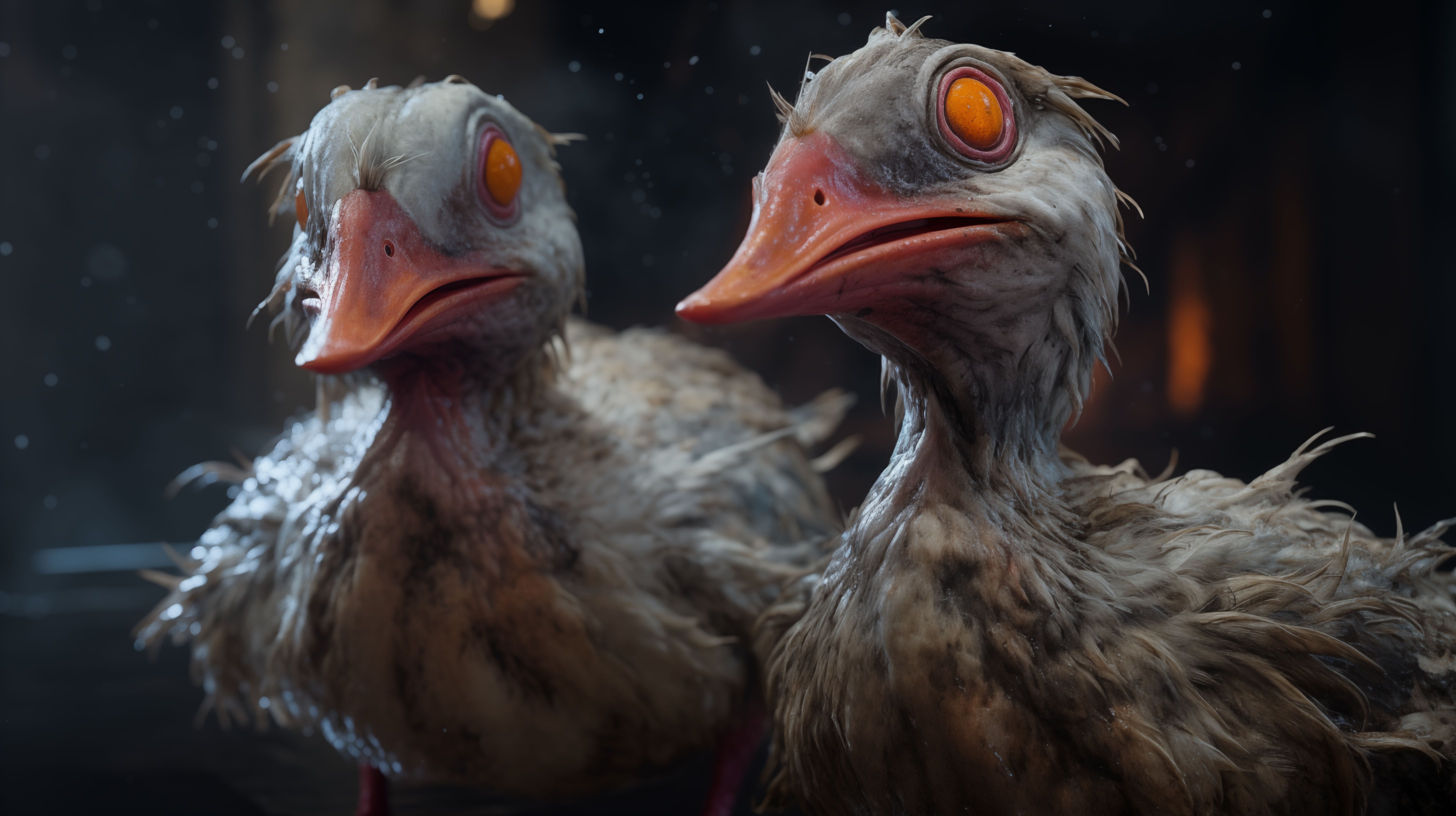 Prompt: terrifyingly demonic ducks with cute wiggly preportions hissing and fluffing feathers up, highly realistic feathers, red stained feathers, undead, focus on duck only, --ar 16:9 --c 10