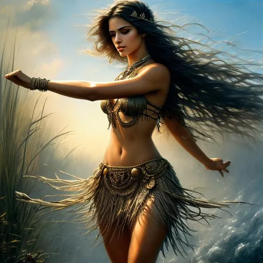 Prompt: hot maiden, dancing hula, arms out, wearing short grass skirt, Luis Royo, highly detailed work, Hyperrealistic, splash art, concept art, intricately detailed, color depth, dramatic, 