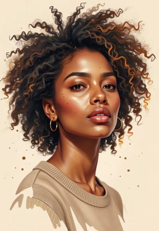 Prompt: This is a highly detailed digital illustration of a young woman with a realistic, yet slightly stylized appearance. The image focuses on her head and shoulders against a plain, light beige background. She has a warm, medium-brown skin tone and large, expressive brown eyes with long, dark eyelashes. Her full lips are slightly parted, and she has a few freckles scattered across her nose and cheeks. Her hair is a rich, dark brown and voluminous, composed of tight, curly locks that frame her face in a natural, Afro-textured style. She is wearing small, silver hoop earrings in both ears and a light brown, knitted sweater with a ribbed texture around the neckline. The digital art style is hyper-realistic with a soft, almost painterly quality, highlighting the texture of her skin and hair. The lighting is even, with no harsh shadows, emphasizing the natural beauty of her features. The overall composition is centered, drawing attention directly to her face and expression, which conveys a calm and confident demeanor.