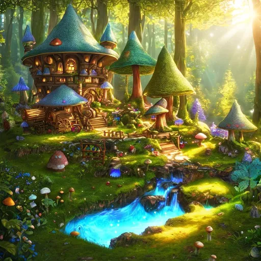 Prompt: fairy mushroom castle hidden in the forest, flying fairies, wagon, sparkles, sunshine, cozy, soft light, hyper detailed, super detailed, hyper realistic, sharp focus, 8k