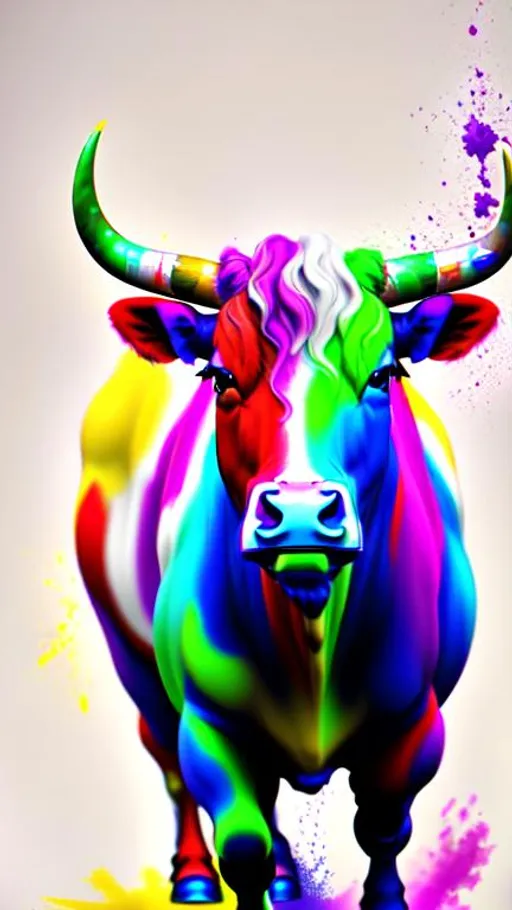 Prompt: 4K, ultra realistic, shiny, colorful bull coming out of white canvas with splotches of paint on the canvas