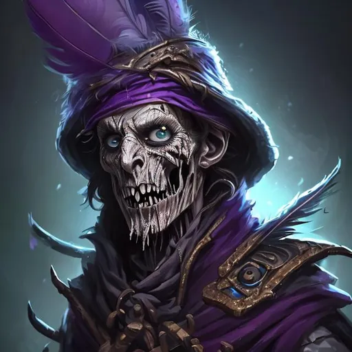 Prompt: Full body splash art of a happy, youthful, expressive, male undead bard, mummified face, black hair, skinny, plum purple noble clothes, wearing a hat with feathers, D&D, dnd, fantasy, highly detailed, sharp focus, digital painting, trending on artstation, 4k, 8k, unreal engine