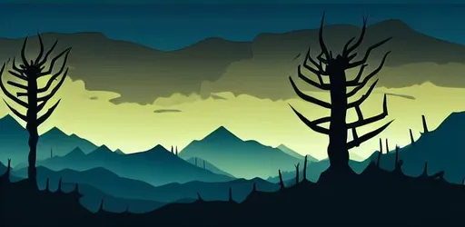 Prompt: Multiple layers of big dark thorns , with silhouette of thick tendrils of smoke, sharp edges, at sunset, with heavy fog in air, vector style, horizon silhouette Landscape wallpaper, firewatch game style, vector style background