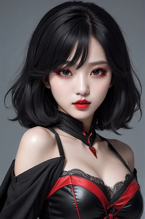 Prompt: A vampire korean kpop girl idol with red glowing iris, red lips, shoulder-length dark black hair, i can't believe how beautiful this is, cosplaygirl, in the style of light silver and dark black, feminine body, cg style