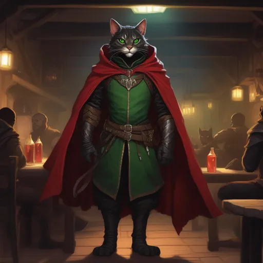 Prompt: DND a black male tabaxi with green eyes wearing black leather armor with a red cloak standing in a dark tavern 