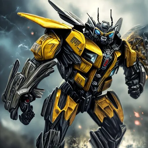 Prompt: realistic transformers bumble bee fighting 