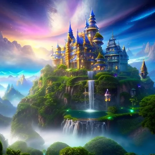 Prompt: {{{{highest quality absurdres best award-winning masterpiece}}}} {{best octane rendered stylized splashscreen trailer digital game art}}, epic cinematic landscape of hyperrealistic intricately hyperdetailed wonderful stunning beautiful lush green floating fantasy sky islands with a hyperrealistic intricately hyperdetailed perfect thin tall distant castle, in {{hyperrealistic intricately hyperdetailed perfect 128k highest resolution definition fidelity UHD HDR}},
hyperrealistic intricately hyperdetailed perfect wonderful natural stunning waterfalls and voluminous clouds,
hyperrealistic perfect epic cinematic composition with perfect vibrant colors and perfect shadows, perfect professional sharp focus RAW photography with ultra realistic perfect volumetric dramatic soft 3d lighting, trending on instagram artstation with perfect epic cinematic post-production --q 50 --s 500000