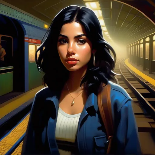 Prompt: Third person, gameplay, Puerto Rican girl, pale olive skin, black hair, dark brown eyes, late 2000s, abandoned subway station, foggy, dark blue atmosphere, cartoony style, extremely detailed painting by Greg Rutkowski and by Henry Justice Ford and by Steve Henderson 