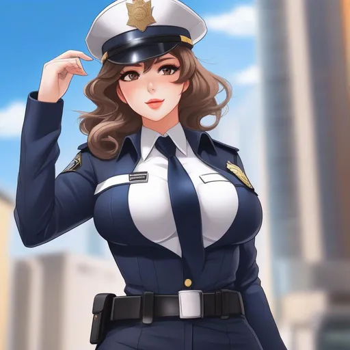 Prompt: anime waifu girl embodying both authority and allure in a cop outfit. Emphasize her confident presence, accentuating her busty figure, wide hips, and captivating thick thighs within the uniform. Capture the perfect balance between power and charm as she dons the cop attire, exuding a magnetic charisma that showcases her unique blend of strength and femininity.  skin showing, loose tie