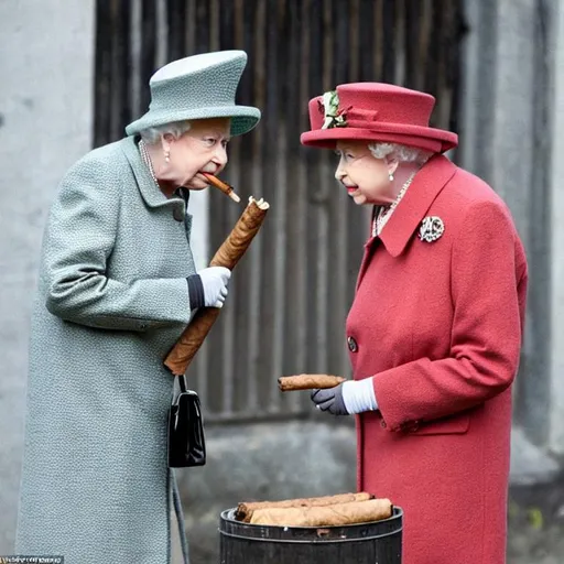 Prompt: queen smoking a cigar outside hmp wormwood scrubs