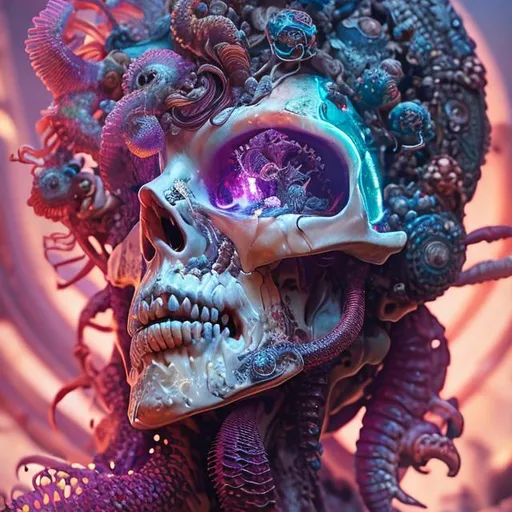 Prompt: goddess close-up portrait skull with mohawk, ram skull, skeleton, thorax, x-ray, backbone, jellyfish phoenix head, nautilus, orchid, skull, betta fish, bioluminiscent creatures, intricate artwork by Tooth Wu and wlop and beeple. octane render, trending on artstation, greg rutkowski very coherent symmetrical artwork. cinematic, hyper realism, high detail, octane render, 8k
