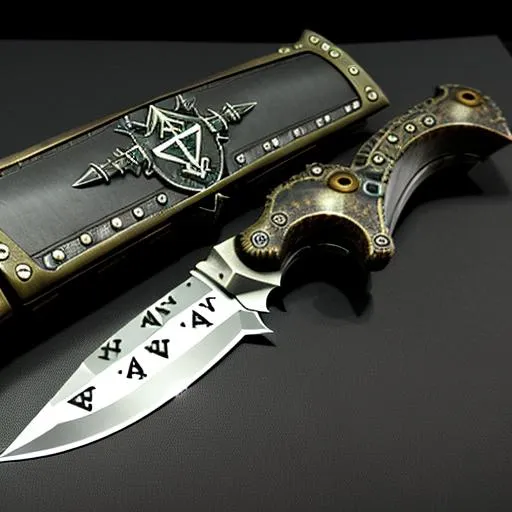 Prompt: HD, Combat knife, steampunk handle, cyber punk blade, fantasy rune stone on it. black background.