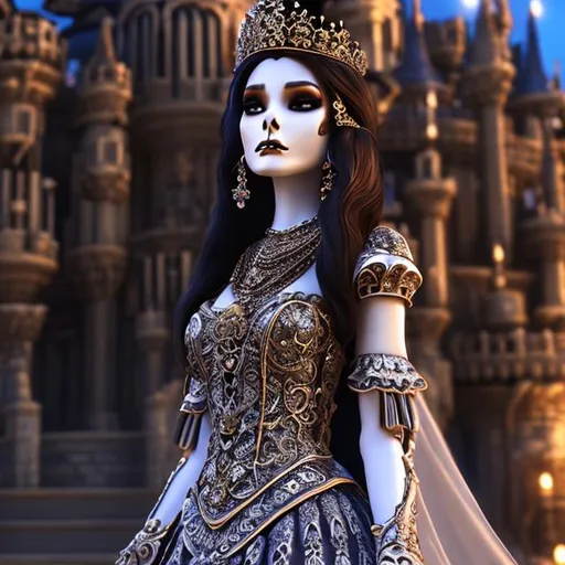 Prompt: Skeleton princess long hair dead flowers kind short 8k realistic, detailed long dress standing up castle background 
