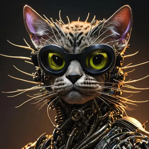 Prompt: portrait of a anthro "Punk Cat" with big Funky Eyewear, intricate, elegant, hyperdetailed, cybernetic, digital painting, artstation, concept art, biomechanical, sharp focus, illustration, greg rutkowski, anthropomorphic, fractal details in big green cat eyes, very striking, WLOP, Artgerm, ray tracing , DSLR, HDR