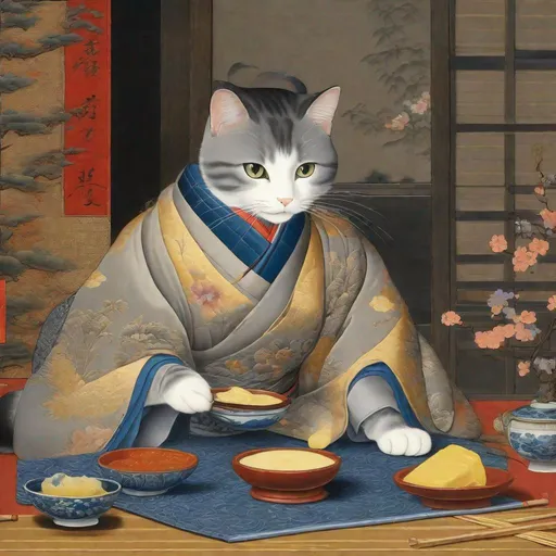 Prompt: 15th Century Japanese painting of a grey cat in Traditional clothing eating butter. Exquisite Detail Everything is perfectly to scale, Aesthetically Brilliant with a cool ambience HD, UHD, 8k Resolution, Vibrant Colorful Award winning 