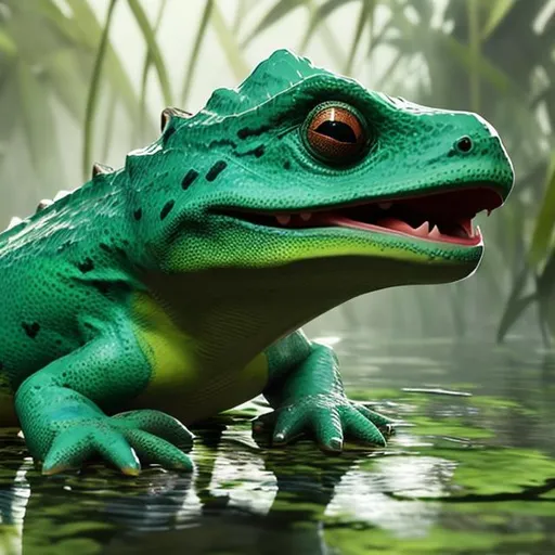 Prompt: dino frog in a swamp